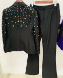 Trajes de pantalón negro Mujer con cuentas Color Diamante Lentejuelas Moda Elegante Conjuntos de dos piezas Pantalones acampanad