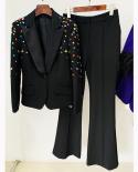 Trajes de pantalón negro Mujer con cuentas Color Diamante Lentejuelas Moda Elegante Conjuntos de dos piezas Pantalones acampanad