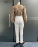 נשים שני חלקים סט אופנה סתיו אלגנטי צוואר V מוצק שרוול פנס ארוך קפלים טופ משוחרר מכנסיים קזואל עם כיסים