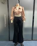 Wefads, conjunto de dos piezas para mujer, moda, solapa, cuello en V, manga larga, cintura alta, Top plisado, pantalones sueltos