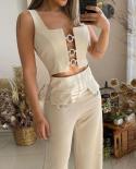 Wefads Women Two Piece Set Summer  Sleeveless Hollow Square Neck Solid Tank Top Loose Wide Legs With Fake Pockets Pants 
