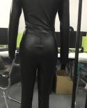 Pu Leather Jumpsuits For Women Turn Down Neck Long Sleeve High Waist Belt Jumpsuit Femalejumpsuits