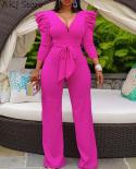 Women Elegant Casual Puff Sleeve Deep V Neck Solid Color Jumpsuit With Belt  Jumpsuits