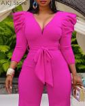 Women Elegant Casual Puff Sleeve Deep V Neck Solid Color Jumpsuit With Belt  Jumpsuits