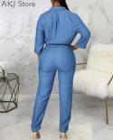 Women Pocket Design Ruched Denim Jumpsuit Cargo Pants With Sashes  Jumpsuits