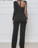 Women Romper Dot Sheer Mesh Patchwork Straight Jumpsuits Office Lady Black Oneck Long Sleeve Back Zipper Design Overalls
