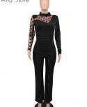Women Romper Dot Sheer Mesh Patchwork Straight Jumpsuits Office Lady Black Oneck Long Sleeve Back Zipper Design Overalls
