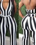 Black White Striped Halter Sleeveless Jumpsuits With Belt