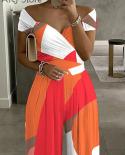 Colorblock Ruched Wide Leg Jumpsuit Long Rompers Women Overalls