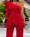 Women One Shoulder Puff Sleeve Solid Color Casual Jumpsuit With Belt  Jumpsuits