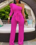 Women One Shoulder Puff Sleeve Solid Color Casual Jumpsuit With Belt  Jumpsuits