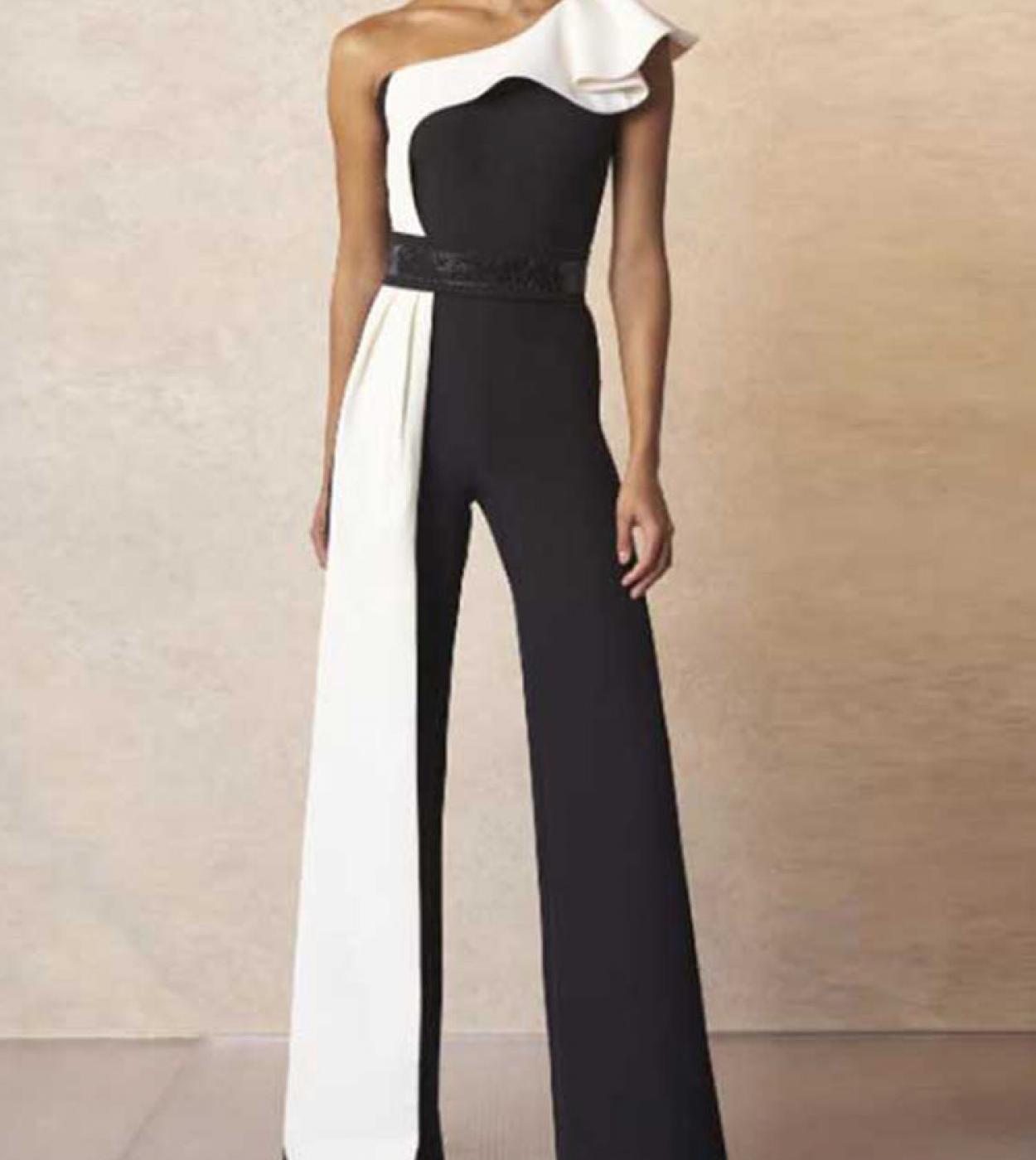 Black White Colorblock One Shoulder Sleeveless Straight Jumpsuit Without Belt