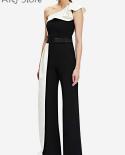 Black White Colorblock One Shoulder Sleeveless Straight Jumpsuit Without Belt