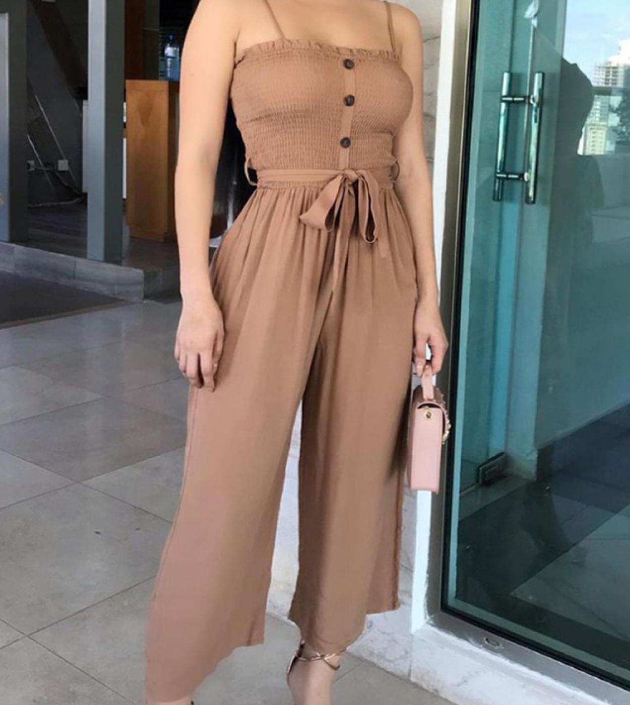 Women Spaghetti Strap Tied Detail Buttoned Shirred Jumpsuit Outfit Clothes Party Playsuit  Jumpsuits