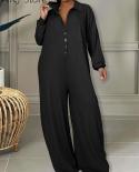 Pockets Single Breasted Design Long Sleeve Wide Leg Jumpsuits Loose Casual Romper  Jumpsuits