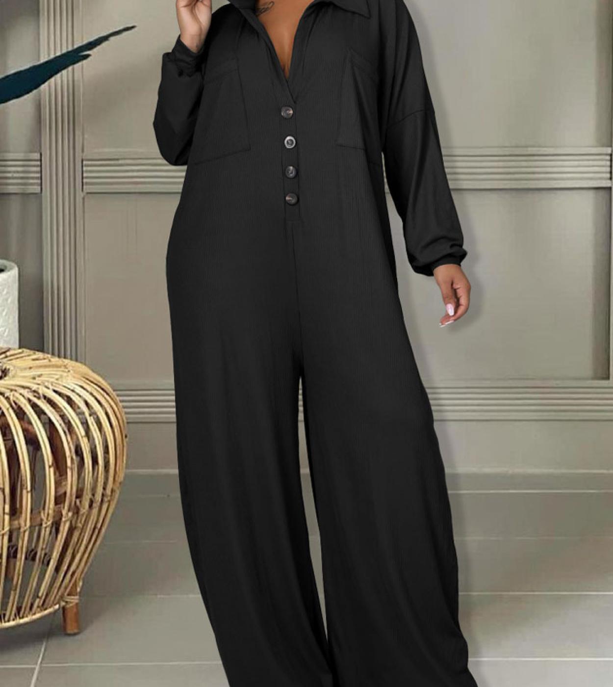 Pockets Single Breasted Design Long Sleeve Wide Leg Jumpsuits Loose Casual Romper  Jumpsuits