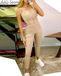 Women Skinny Jumpsuit Solid Color Square Collar Buckled Zipper Pocket Design Sleeveless Romper Overalls  Jumpsuits