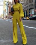 Women Elegant Fashion Slim Fit Yellow Wide Leg Casual Overalls Office Look Work Lantern Sleeve Mock Neck Jumpsuitsjumpsu