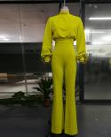 Women Elegant Fashion Slim Fit Yellow Wide Leg Casual Overalls Office Look Work Lantern Sleeve Mock Neck Jumpsuitsjumpsu