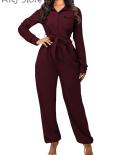 Pocket Tied Waist Design Jumpsuits Women Casual Turndown Collar Single Breasted Long Sleeve Romper Overalls Pants  Jumps