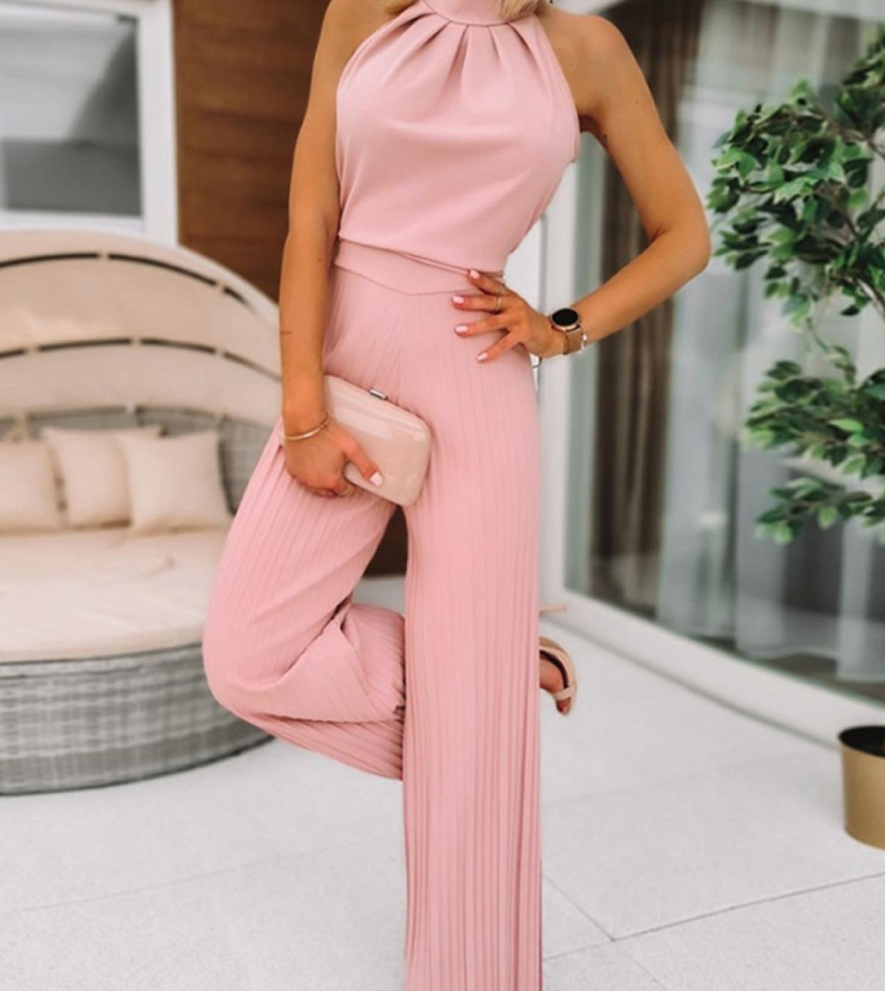 Women Elegant Office Wear Sleeveless Tied Detail Pleated Jumpsuit Overalls For Women  Jumpsuits