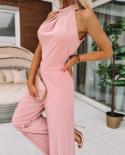 Women Elegant Office Wear Sleeveless Tied Detail Pleated Jumpsuit Overalls For Women  Jumpsuits