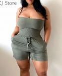 Summer Women Overalls Casual  Low Cut Pockets Design Solid Sleeveless Slim Lace Up Romper