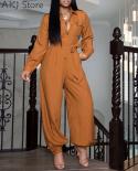 Women Loose Casual Jumpsuit Solid Color Long Sleeve Single Breasted Pocket Design Romper Overalls Pants With Belt