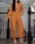 Women Loose Casual Jumpsuit Solid Color Long Sleeve Single Breasted Pocket Design Romper Overalls Pants With Belt