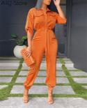 Solid Color Pockets Single Breasted Tied Waist Design Overalls Jumpsuit