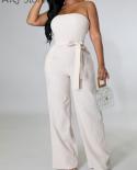 Women Romper Shirring Bandeau Straight Jumpsuits Casual Sleeveless Backless Overalls Pants With Belt  Jumpsuits