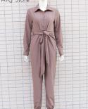 Women  Solid Color Romper Long Sleeve Plunge Straight Jumpsuits Overalls With Belt  Jumpsuits