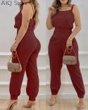 Two Piece Set Women Ruffle Trim Zipper Back Spaghetti Strap Top  Pocket Design Pants Sets  Pant Sets