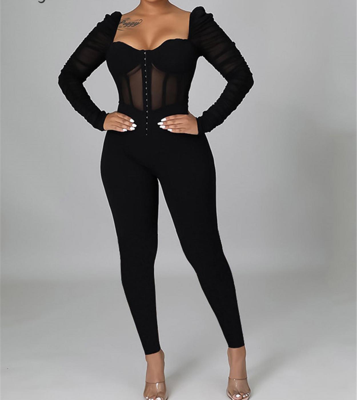 Solid Color Square Collar Long Sleeve Mesh Sheer Skinny Jumpsuit
