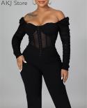 Solid Color Square Collar Long Sleeve Mesh Sheer Skinny Jumpsuit