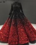 Gradual Change Wine Red Gold Wedding Dresses  High Collar Sequined Luxury Wedding Gowns Serene Hill Ha2153 Custom Made  