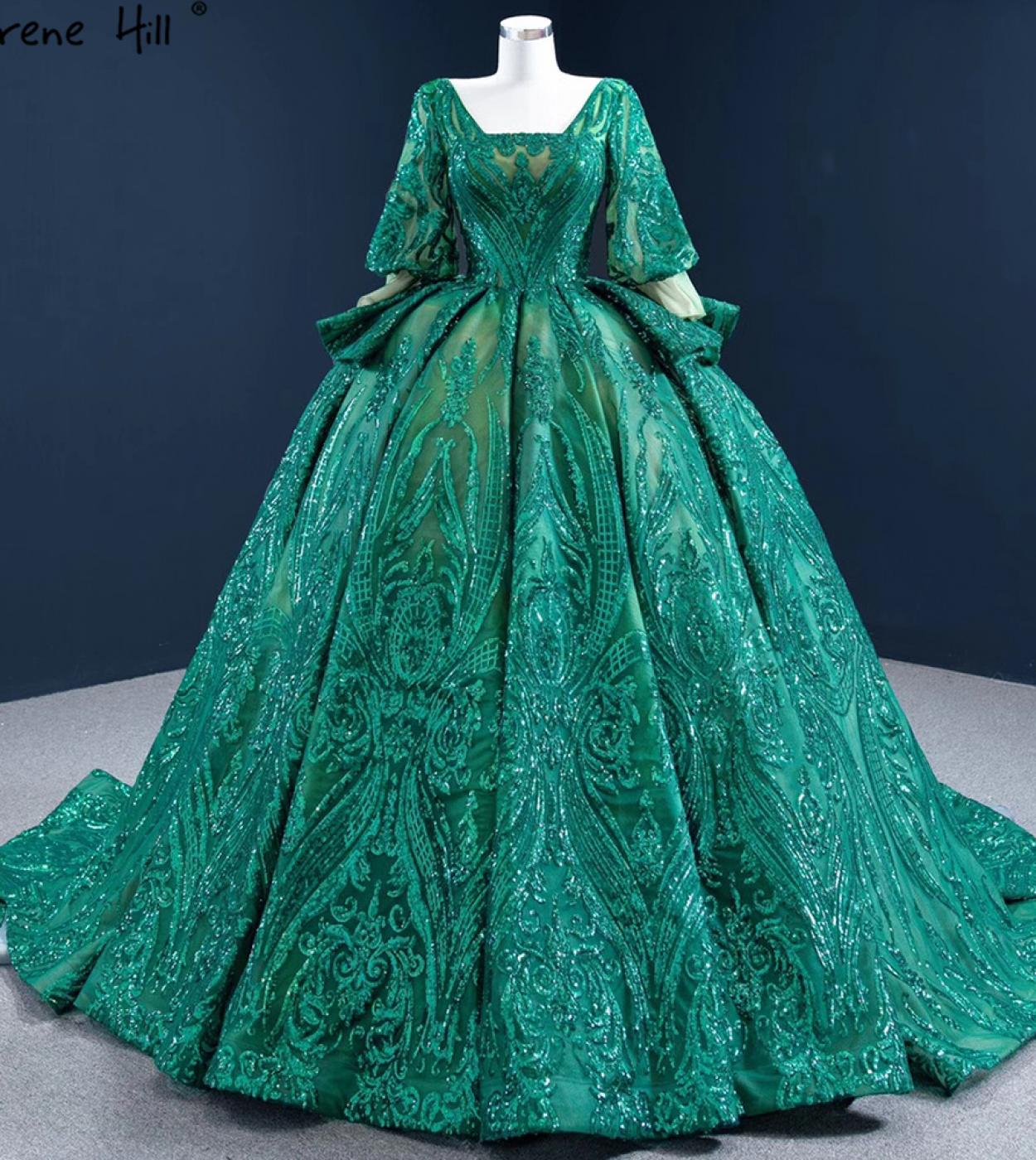 Serene Hill Muslim Green Sparkle Wedding Dresses  Long Lantern Sleeves Bride Gowns Hm67223 Custom Made  Wedding Dresses