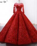 Red Handmade Flowers Highend Wedding Dresses Design  Oneck Long Sleeves Bridal Gowns Real Photo Hm66699 Custom Made  Wed