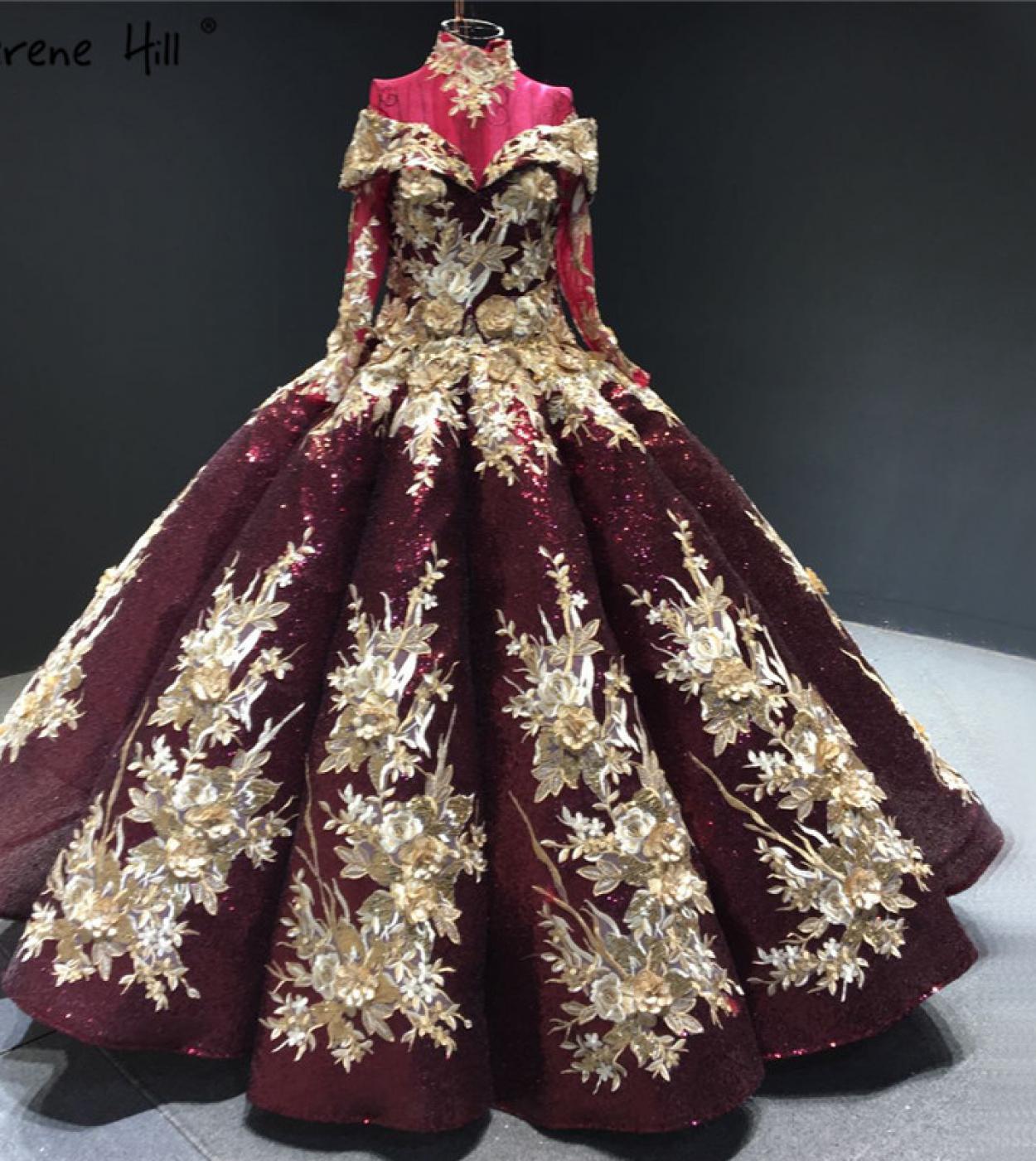 Wine Red Sequined Handmade Flowers Wedding Dresses  Long Sleeves Luxury Bridal Gowns Real Photo Hm66704 Custom Made  Wed