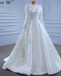 Serene Hill Muslim White Aline Wedding Dresses 2022 Beaded Highend Satin Bride Gowns Hm67396 Custom Made  Wedding Dresse