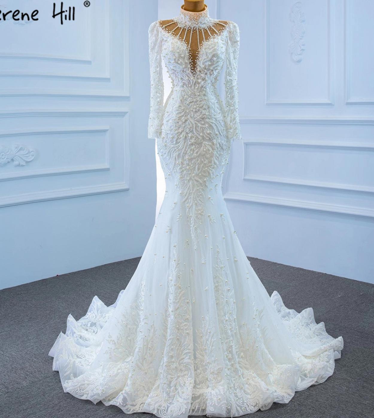 Serene Hill Muslim White Mermaid Wedding Dresses Gowns  Luxury Elegant Beading Pearls Bride Dress Hm67219 Custom Made  W