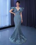 Serene Hill Blue Mermaid Elegant V Neck Luxury Beaded Evening Dresses Gowns For Women Party 2022 High End Custom Made Hm