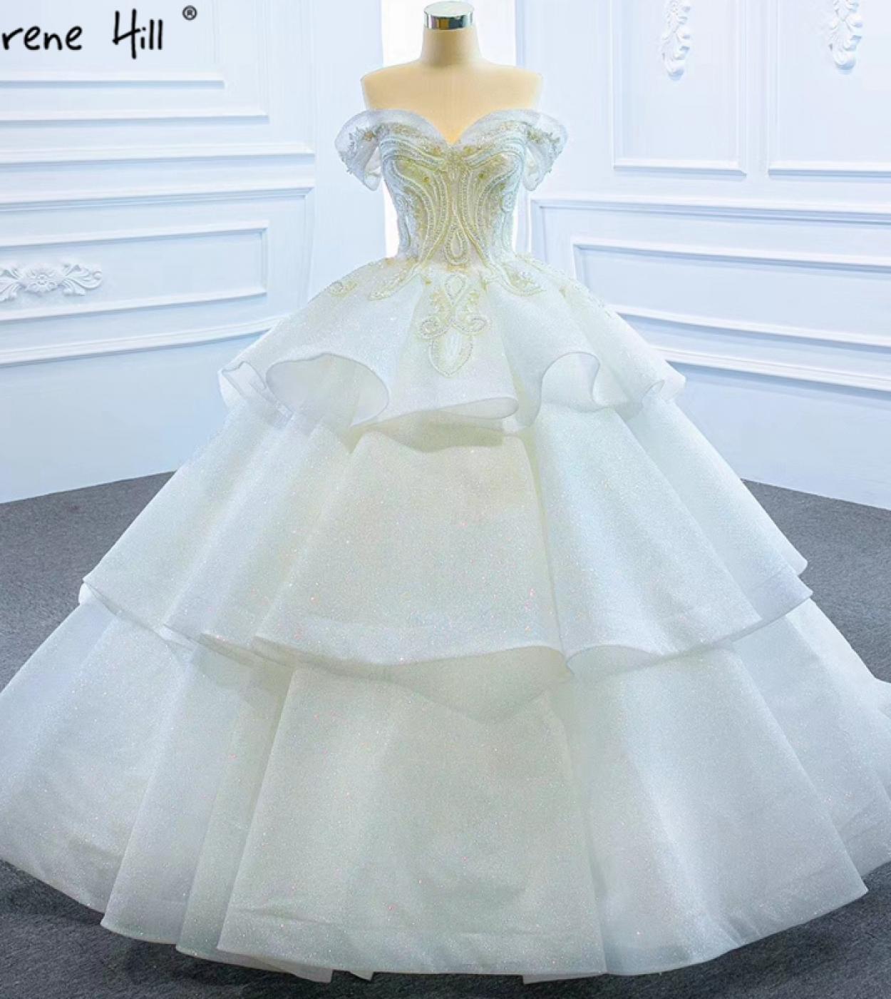 White Highend Pearls Diamond  Wedding Dresses  Off Shoulder Tiered Bride Gowns Hm67166 Custom Made  Wedding Dresses