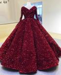 Wine Red Sequined Luxury Dubai Wedding Dresses  Long Sleeves Vneck Sparkle Bridal Gowns Ha2348 Custom Made  Wedding Dres