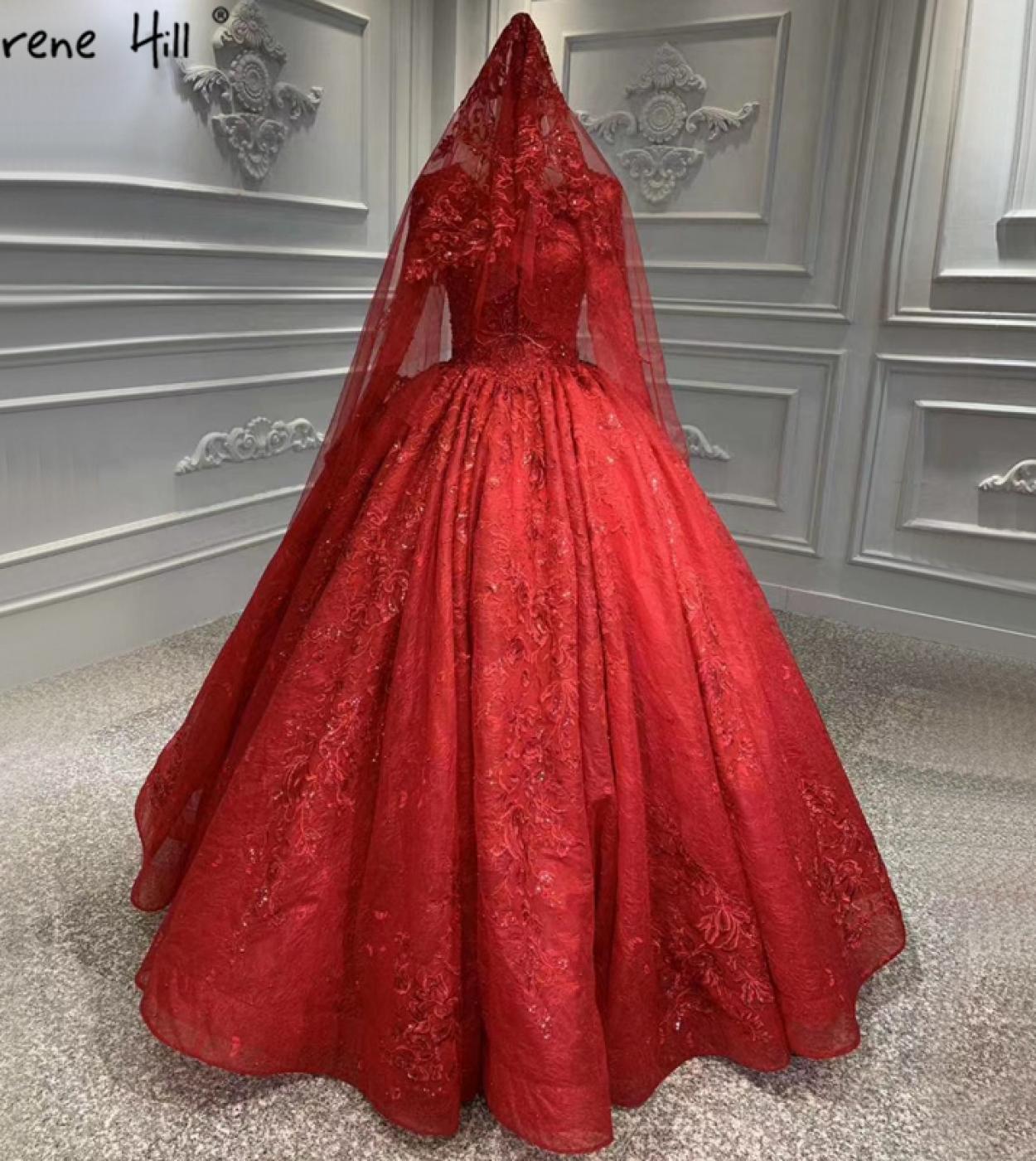 Dubai Red Long Sleeves Luxury Wedding Dresses  Tassel Beading Highend Zipper Bride Dress Serene Hill Ha2393  Wedding Dre