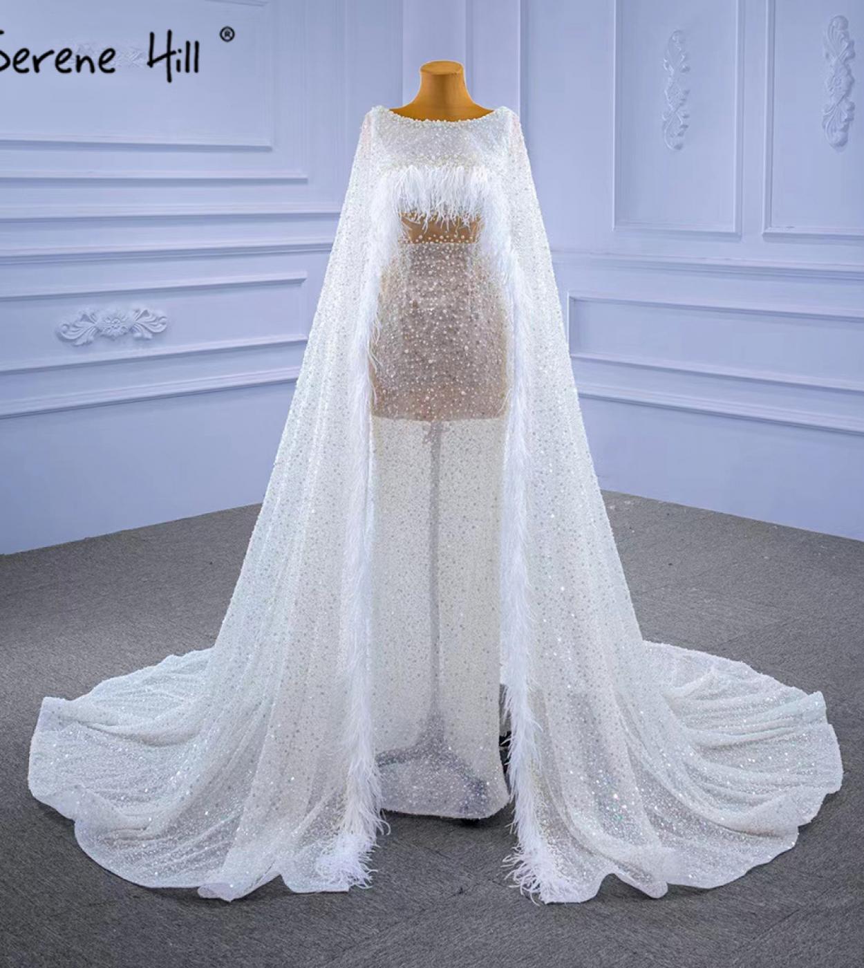Serene Hill White Highend Luxury Evening Dresses Gowns  Beaded Feather Cape Sleeve For Women Party Hm67305  Evening Dres
