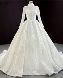 Vestidos de noiva de luxo marfim gola alta 2023 mangas compridas miçangas pérolas vestidos de noiva Hm67129 feito sob encomenda 