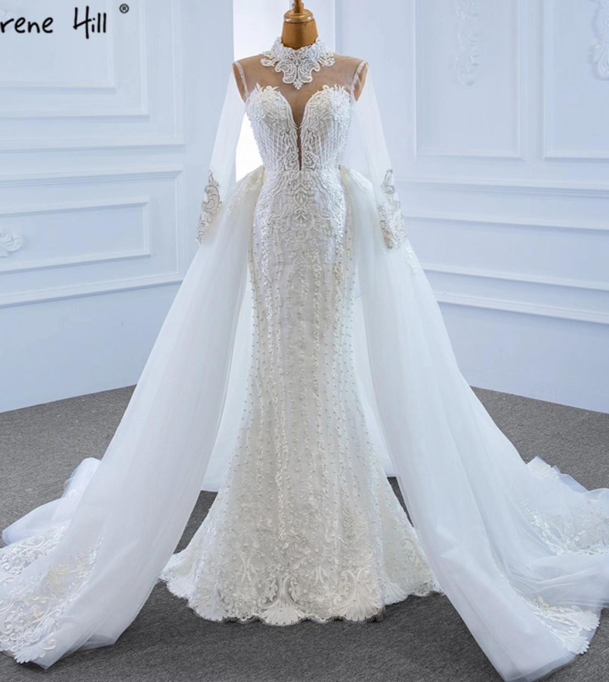 Vestido de Noiva de Luxo Sereia Branco Destacável Dubai Beading Renda Mangas Compridas Vestido de Noiva Hm67180 Custom Made Wedd