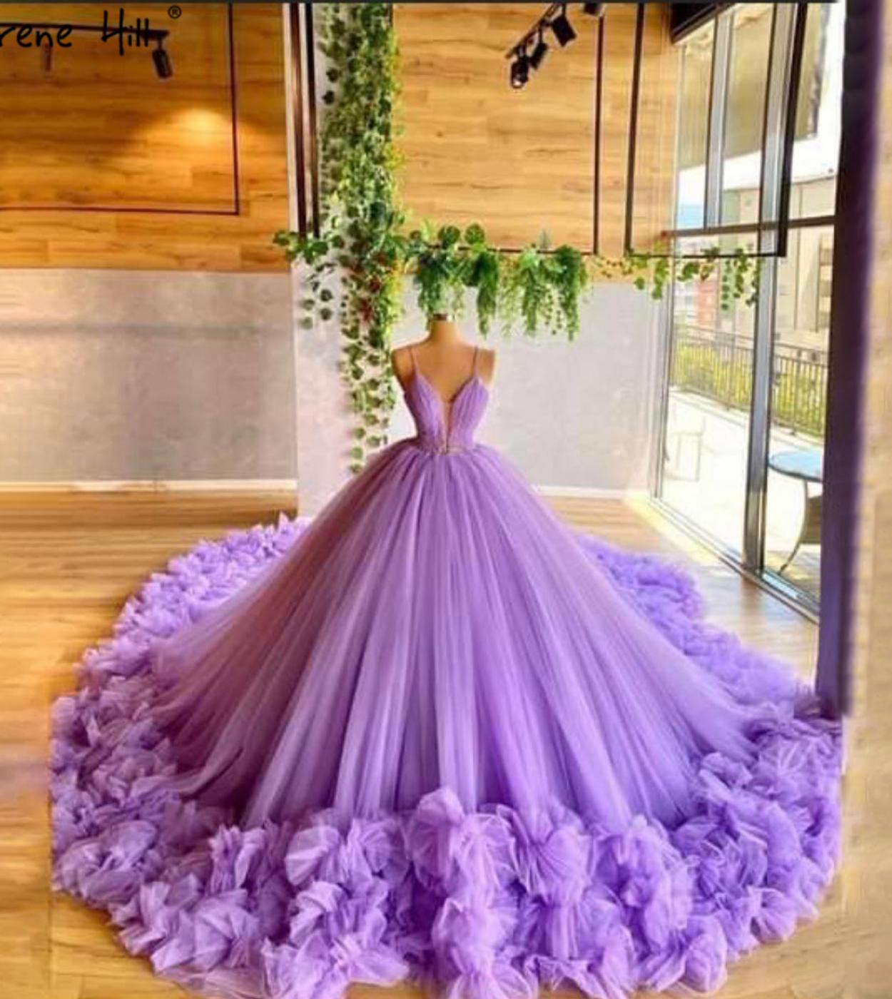 Serene Hill Purple Puffy Flowers Luxury Sleeveless Wedding Dresses 2022 Spaghetti Strap  Tulle Bridal Gown Ha2487  Weddi