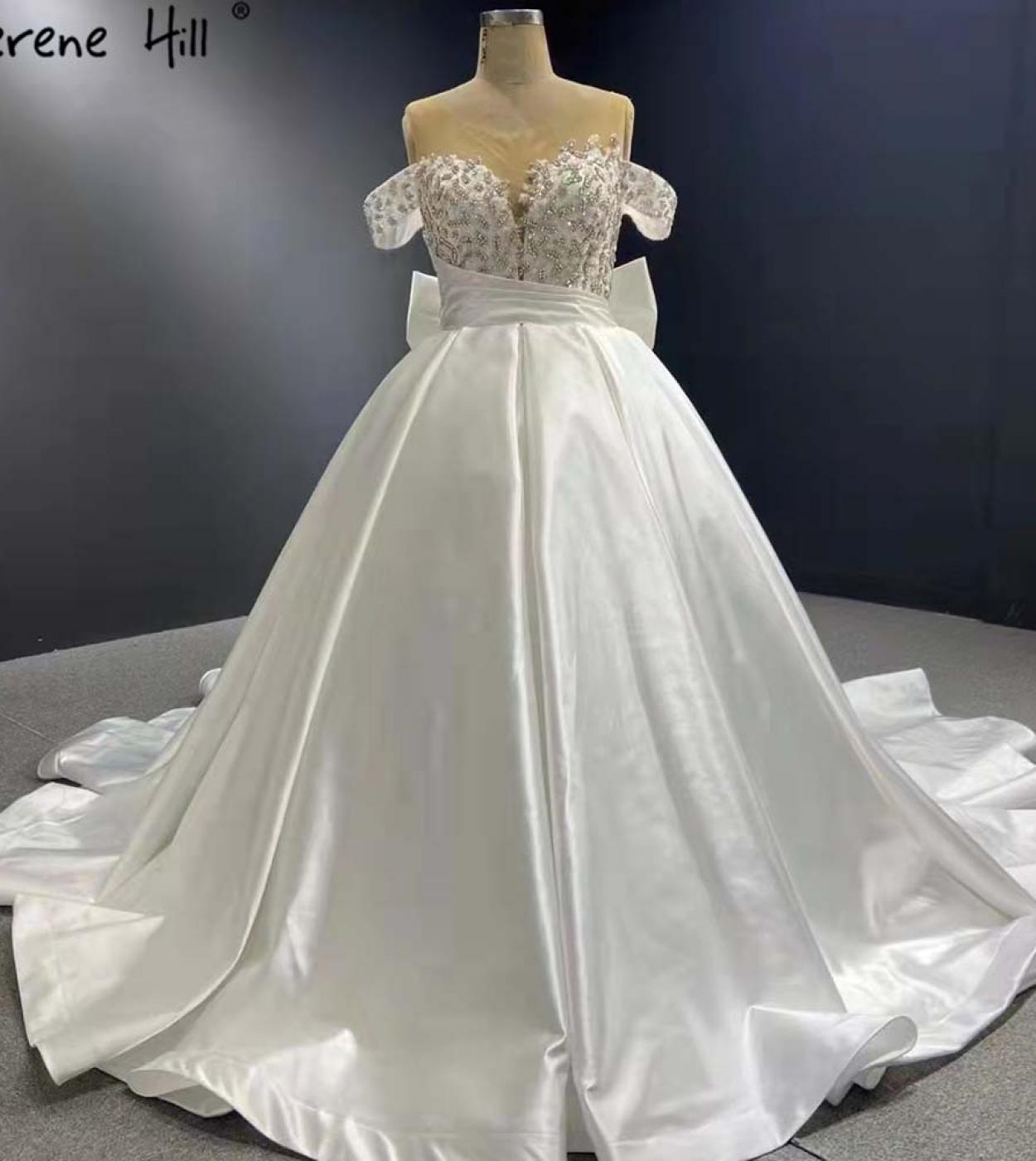 Serene Hill White Satin Lace Up Wedding Dresses 2022 Beaded Bow Highend Bride Gowns Hm67412 Custom Made  Wedding Dresses